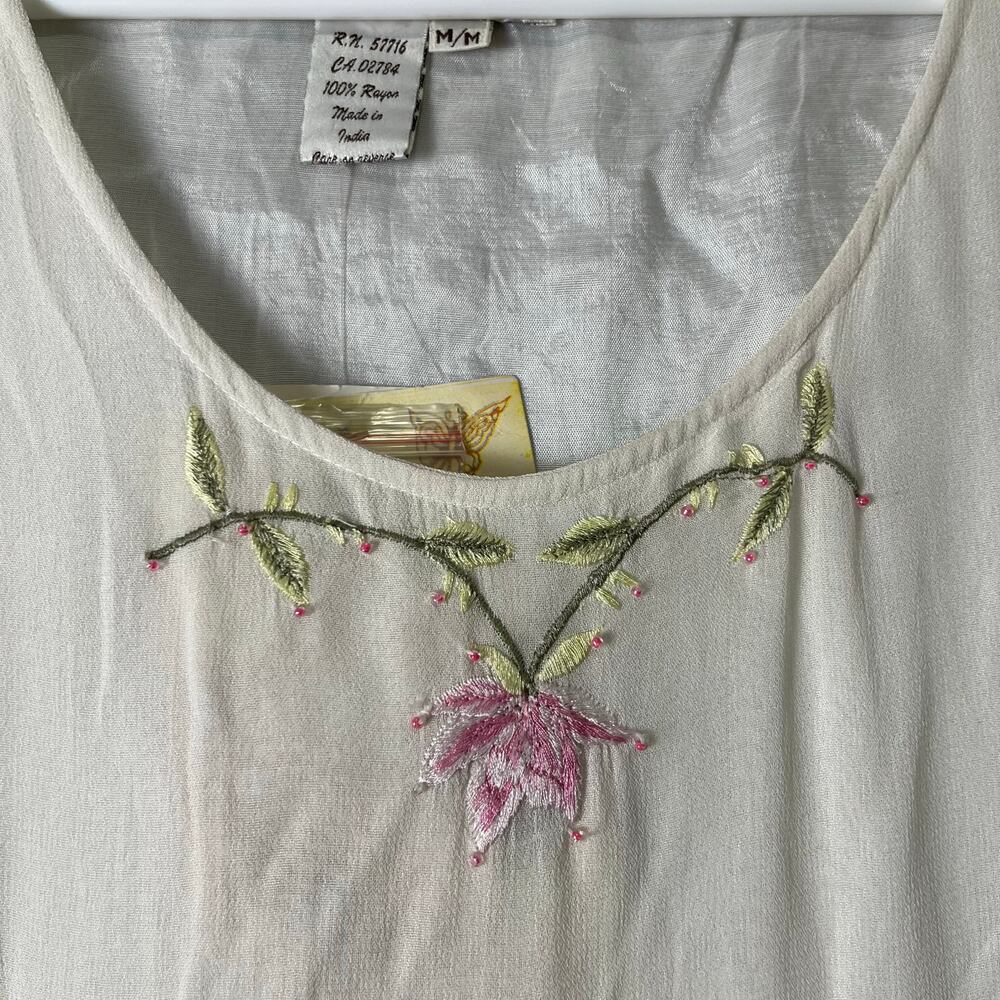 Vintage Embroidered Floral Beaded Slip Dress Cream Romantic Medium‎ Deadstock - Picture 8 of 10